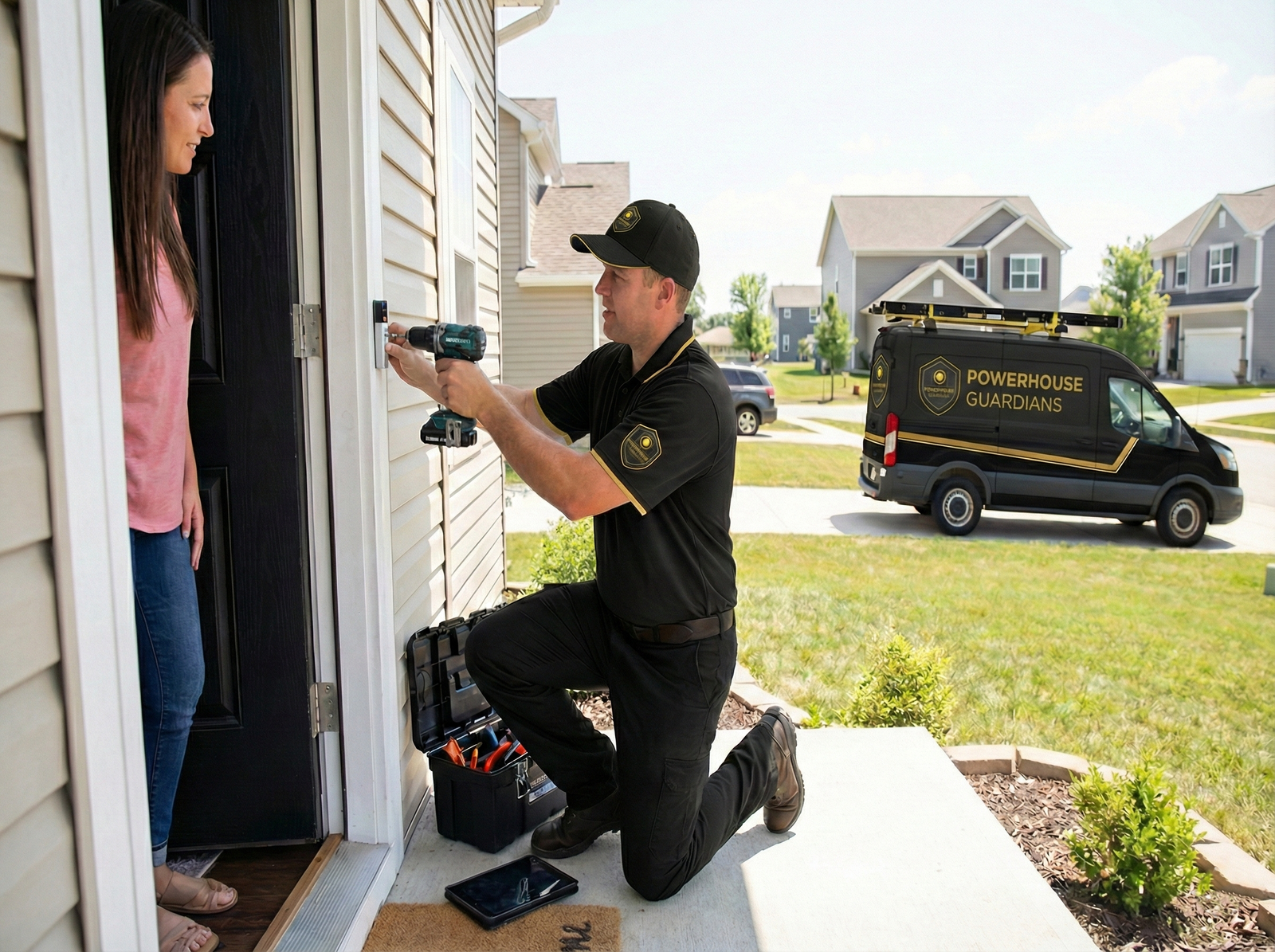 Technician configuring a connected smart-home security device