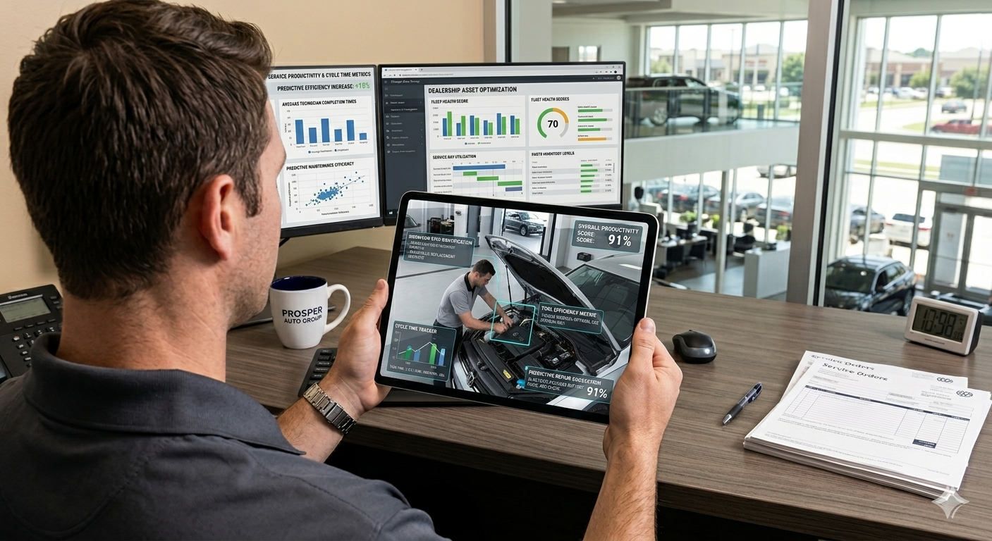 Service advisor reviewing service-bay productivity analytics and vehicle-condition documentation on a tablet