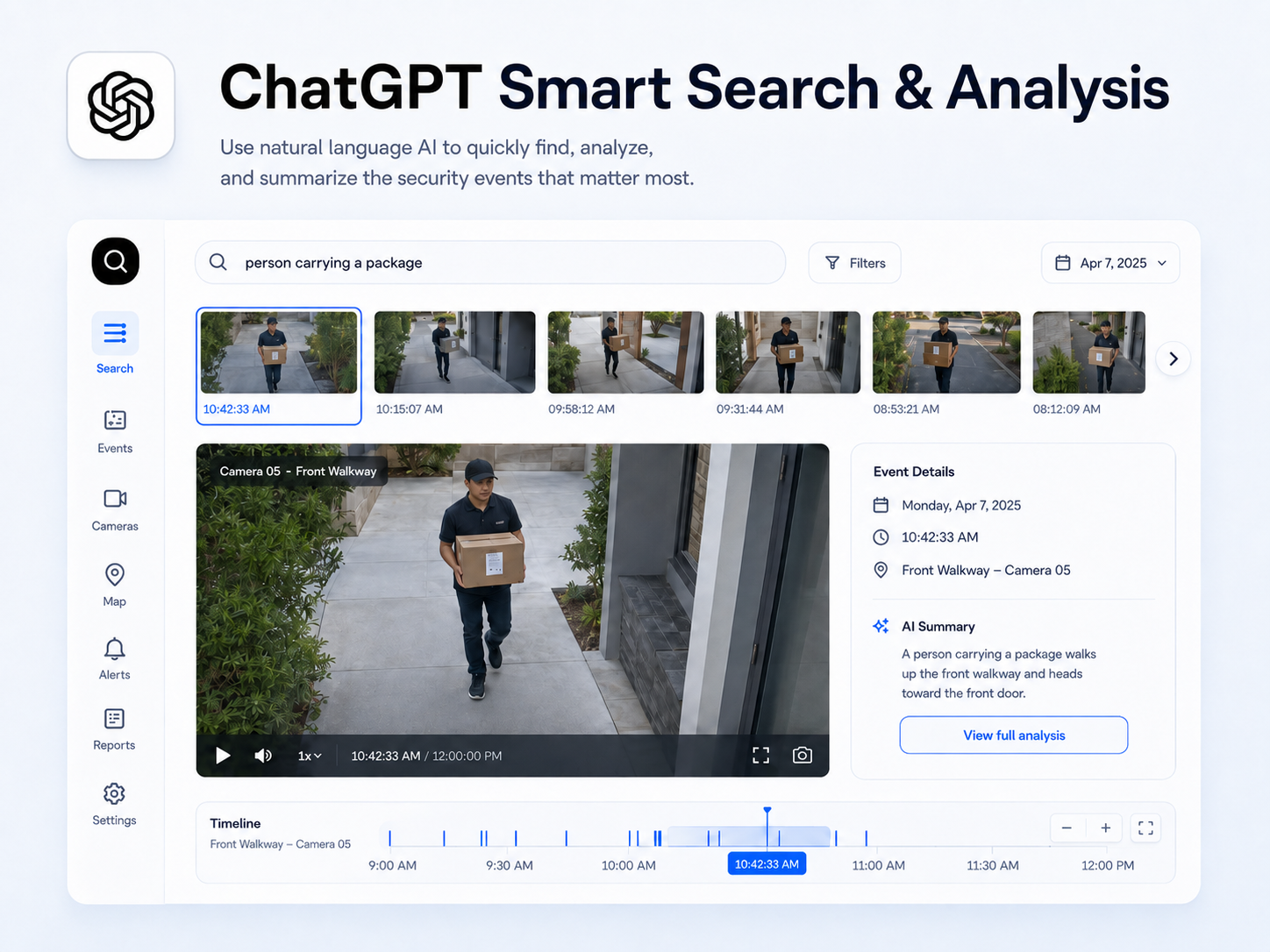 Natural-language AI video search and incident analysis interface