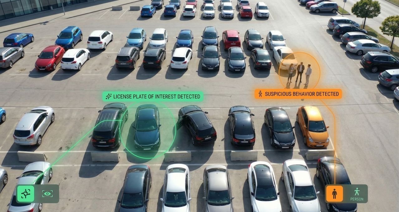 License plate recognition and activity detection across a parking lot
