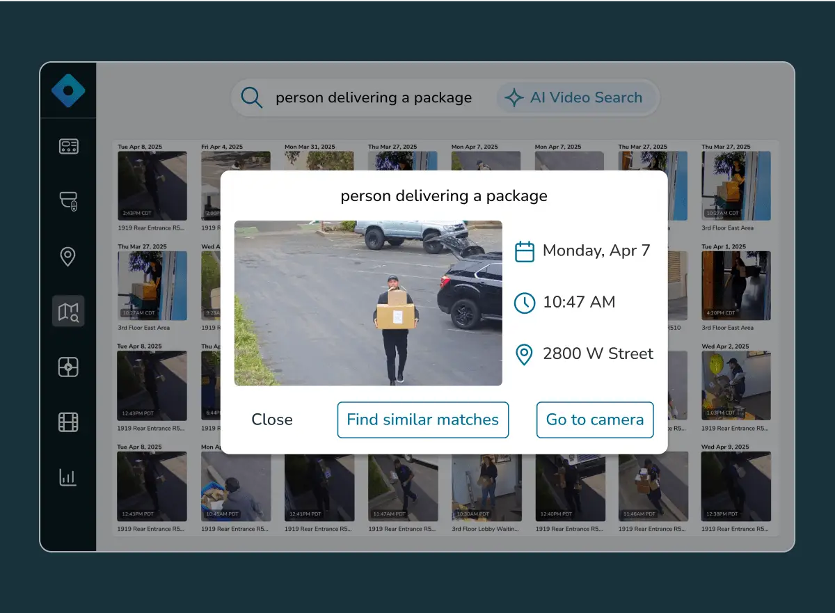 AI video search locating a package delivery event