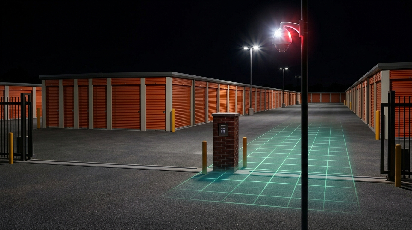 Cloud-managed security cameras monitoring a self-storage property at night