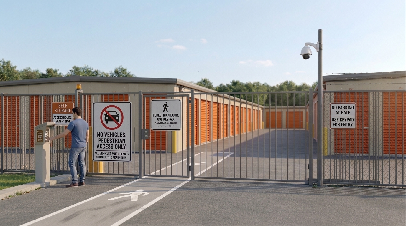 Self-storage facility gate with surveillance cameras and access-control signage