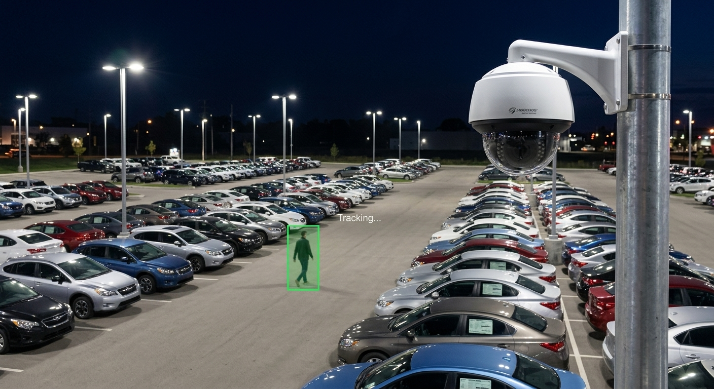 After-hours person tracking across a vehicle lot