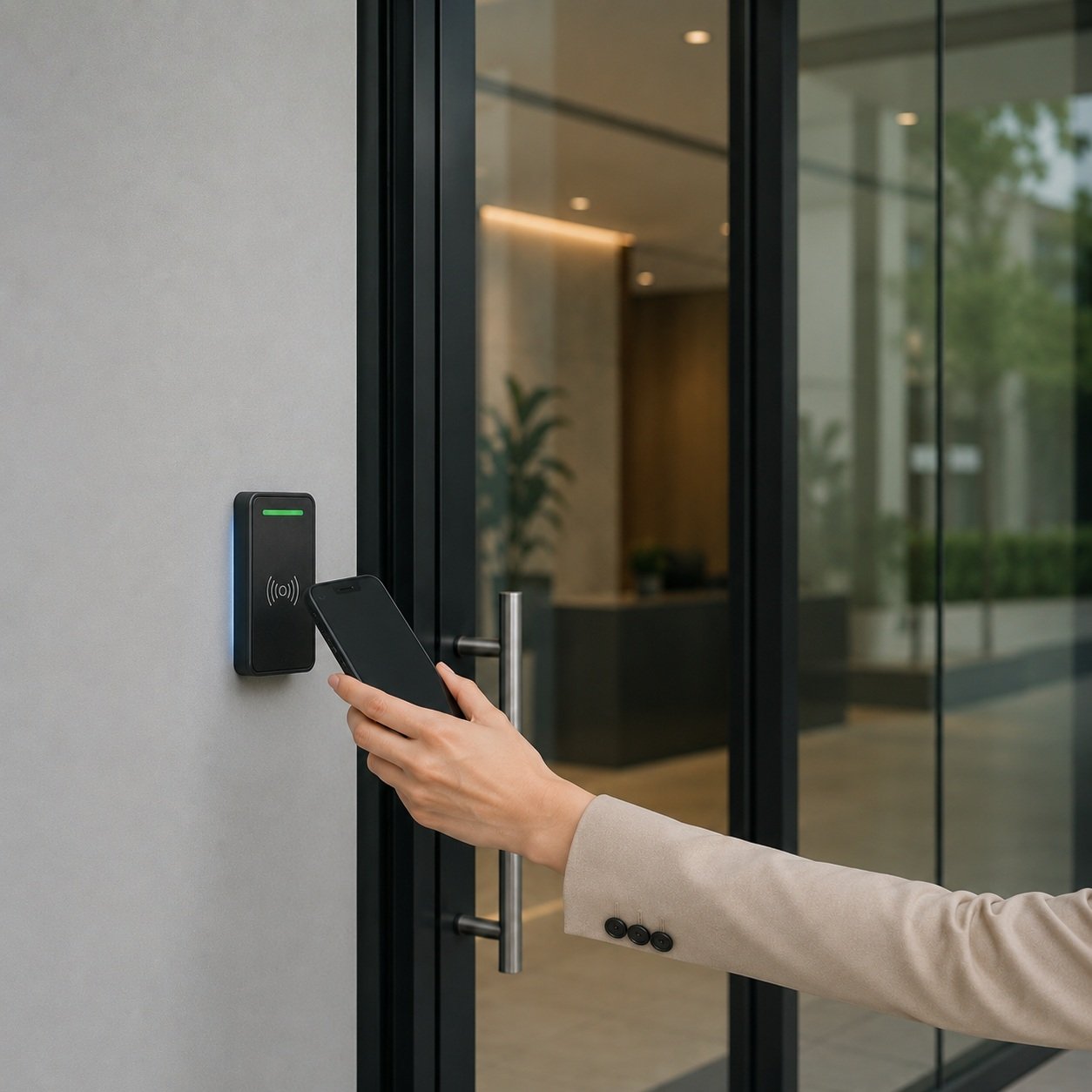 Electronic access control reader at a commercial office entrance