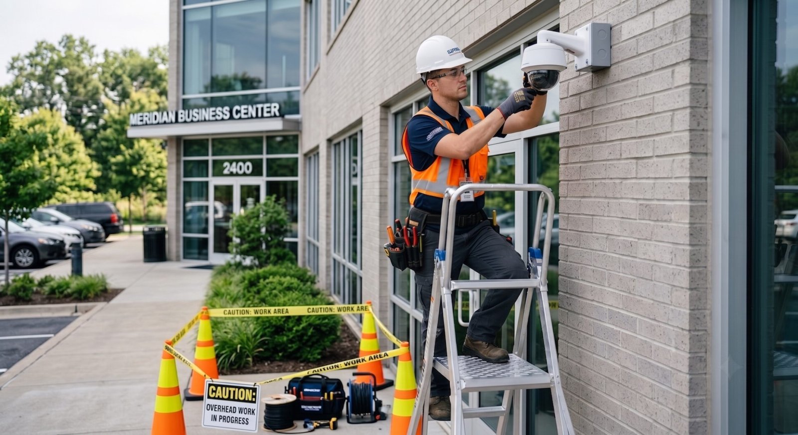 Technician installing a commercial security camera in DFW