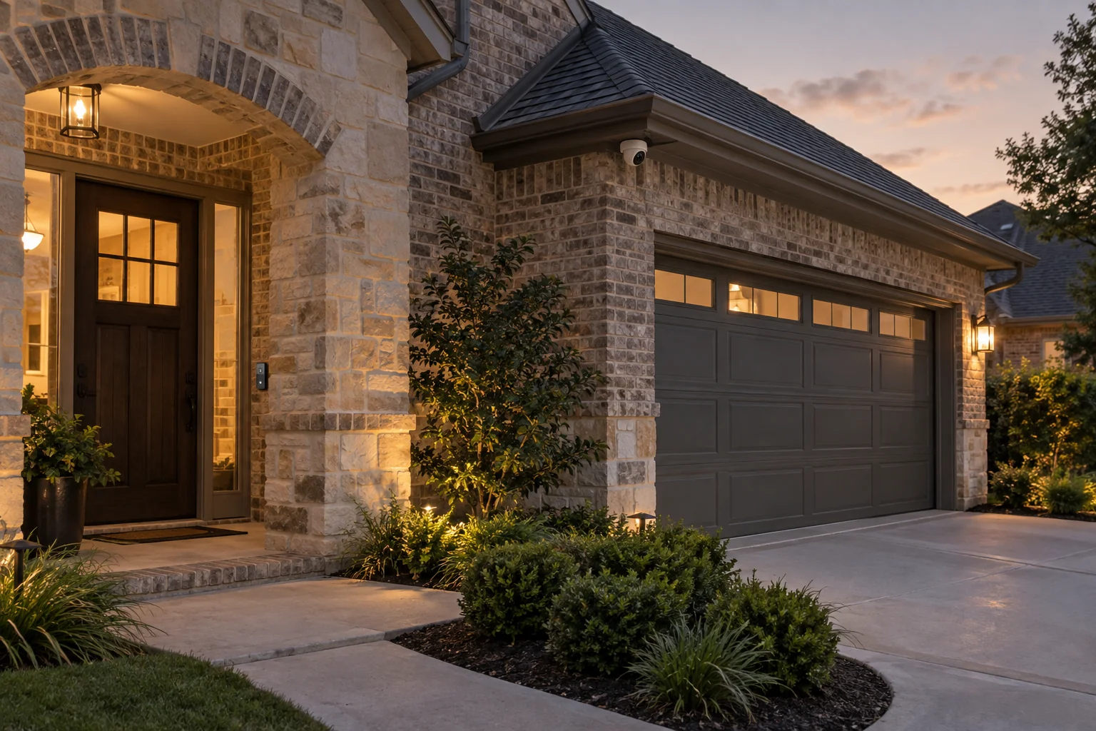 Illustration of security camera placement at a home's entrance and garage