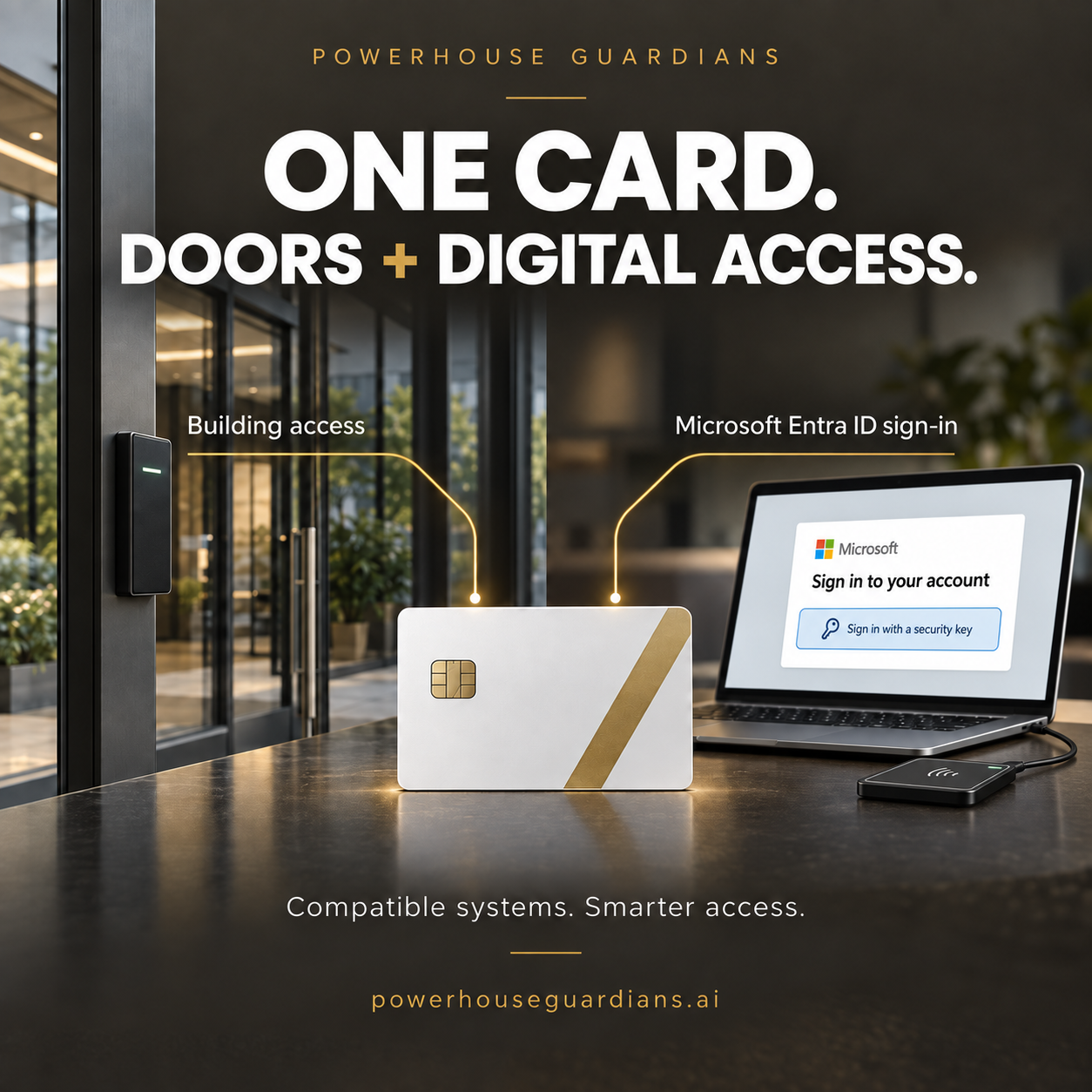 Illustration of one compatible smartcard used for building access and Microsoft Entra ID sign-in