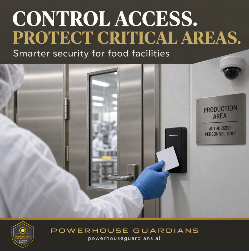 A food-facility worker presents an access card at an authorized-personnel production-area door